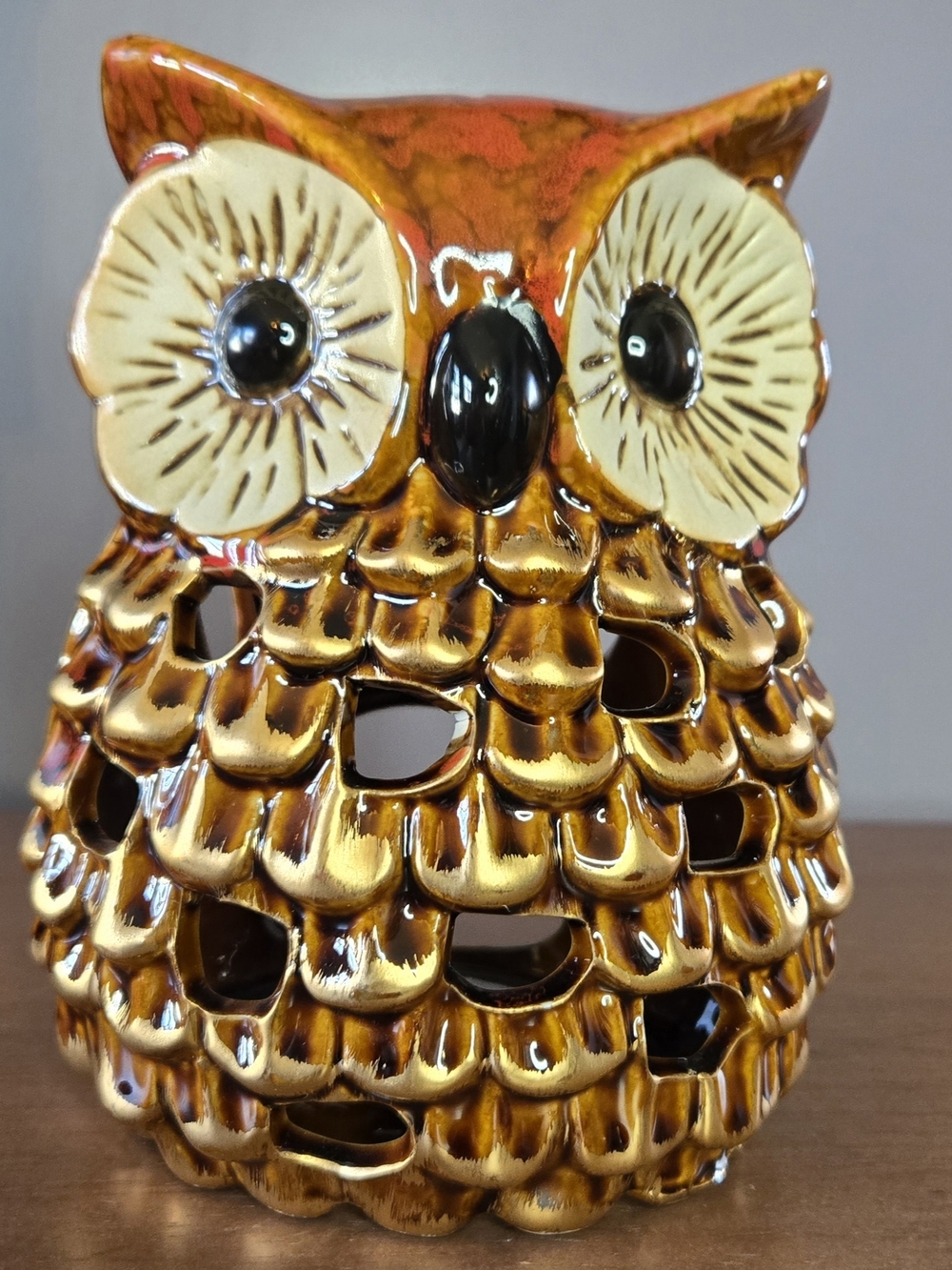 Ceramic Great Horned Owl Candle Holder Decor Amber Brown Gold Tone Cottage Retro
